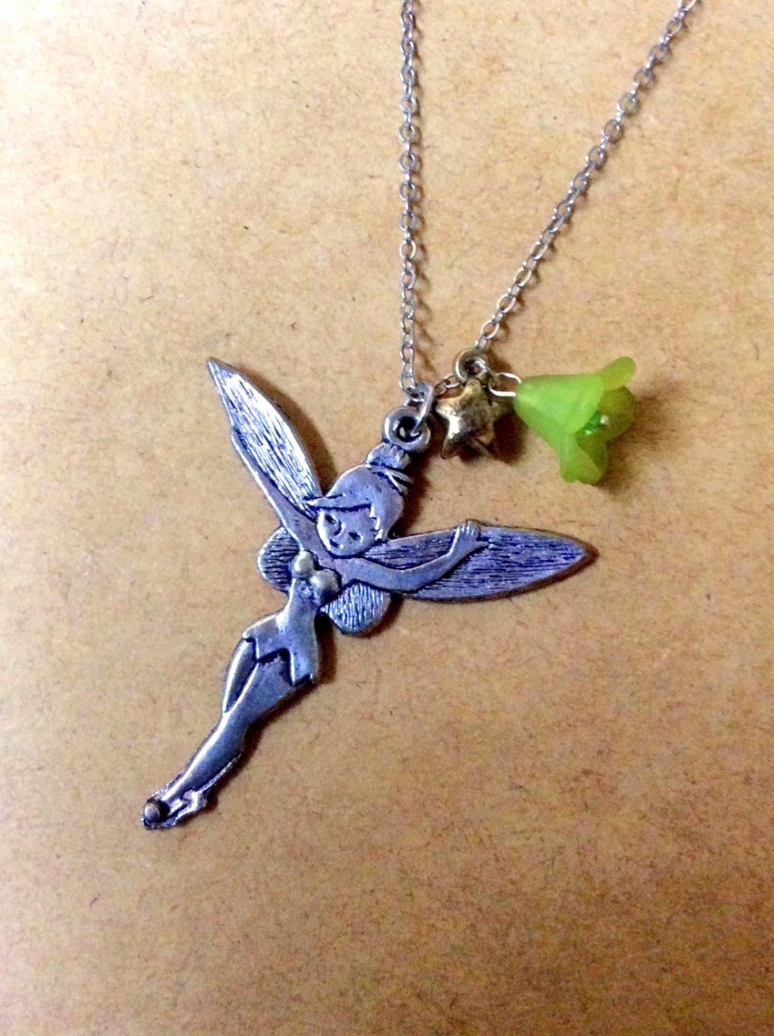 Tinker Bell necklace fairy pendant with green bell flower