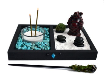 Mini Zen Garden // Laughing Buddha Statue // Incense Burner // Desk Accessory // Turquoise // DIY Kit // Meditation / Tealight Candle Holder