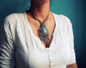 Macrame Necklace, Onyx Celeste Gemstone, Crystal Necklace, Light Blue Beige Macrame, Hand Knotted Jewelry, 100% Money Back