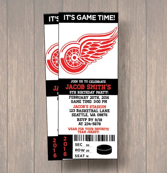 12 Detroit Red Wings Birthday Invitation, Hockey, Ticket Invitation