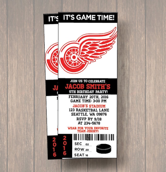 12 Detroit Red Wings Birthday Invitation Hockey Ticket