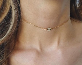 Initial choker necklace, Gold choker necklace, Disc necklace, Initial necklace, Dainty chain choker, Letter necklace, Personalized gifts