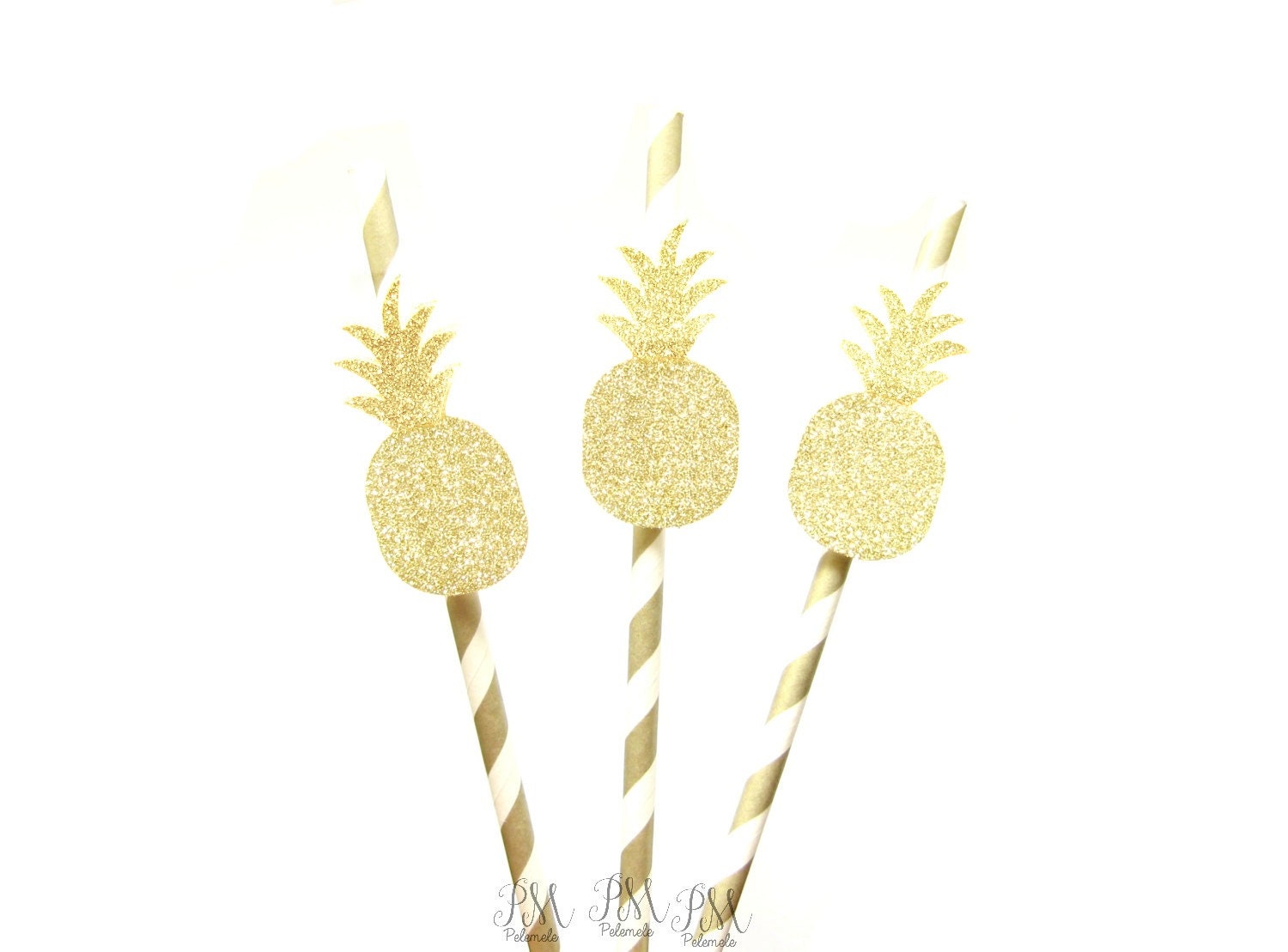 25 Gold Stripe Paper Straws with Glitter Pineapple Pineapple