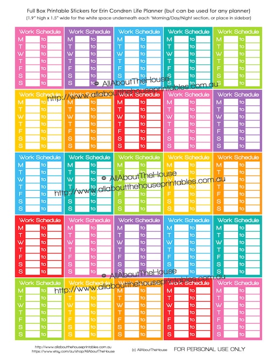 Work Planner Stickers Printablle Erin Condren Full Box Rainbow sidebar work schedule shift routine tracker mambi happy planner FB197