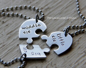 necklace puzzle piece jigsaw heart sister three stainless jewelry daughter