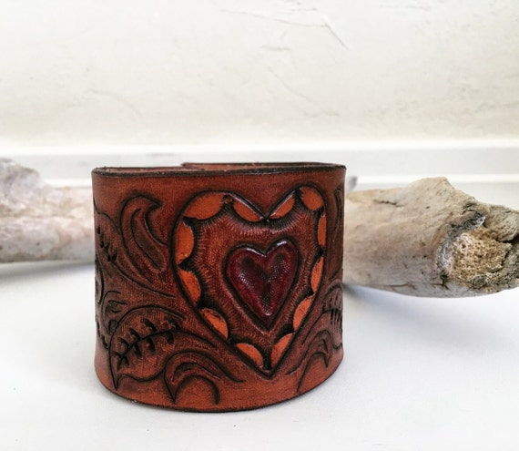 Tooled leather cuff bracelet with three tone heart western