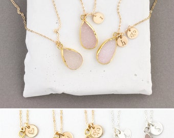 Natural Crystal Necklace Gift for Her • Sparkling Pink Druzy Necklace with Personalized option • LN717