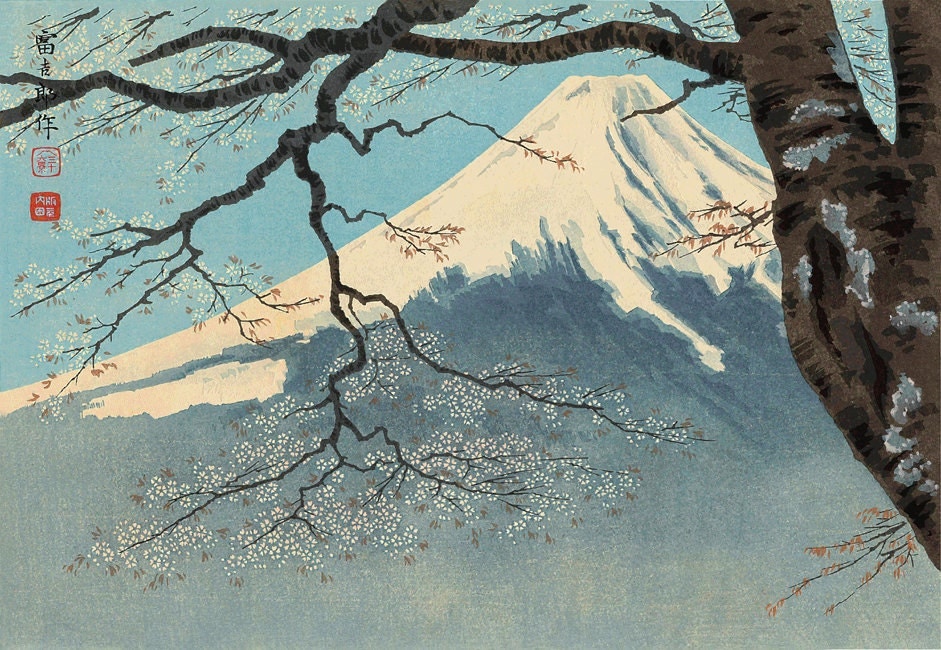 Japanische Kunst Berg Fuji und Sakura Cherry Tree Blüten FINE