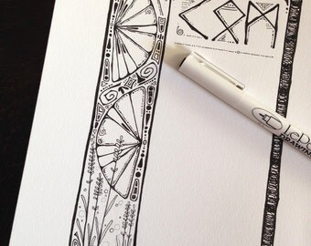 Adult Coloring Page - Bookplate - RUNES Calm - Open Poem or Grimoire Pages