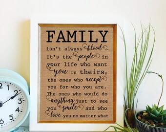 SALE Family isn't always blood | Burlap Print | stepfather stepmother stepdaughter stepson gift | adoption gift | Frame not included