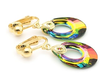 Peacock Swarovski Clip On Earrings Oval Gold Clip On Earrings Peacock Clip On Earrings Bridal Clip On Earrings Wedding Dangle Clip earrings