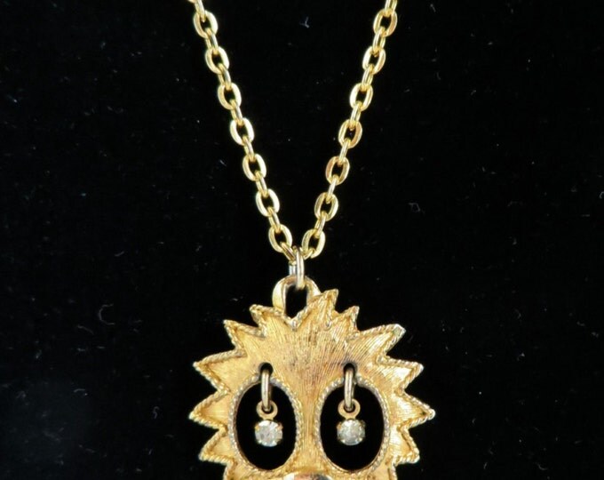 Lion Pendant, Vintage Gold Tone Lion with Rhinestone Eyes Necklace