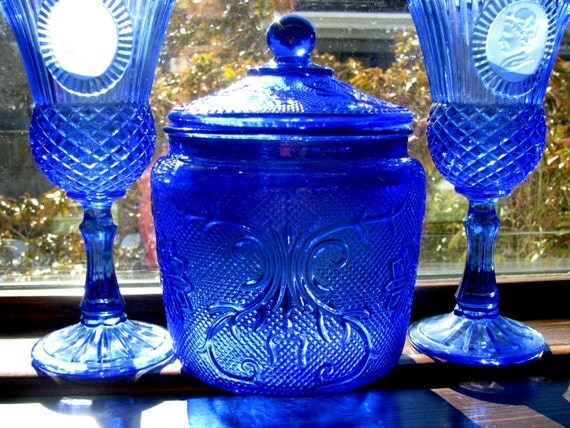 Items Similar To Tiara Indiana Glass Sandwich Glass Cobalt Blue Large Canister Biscuit Cookie 9343