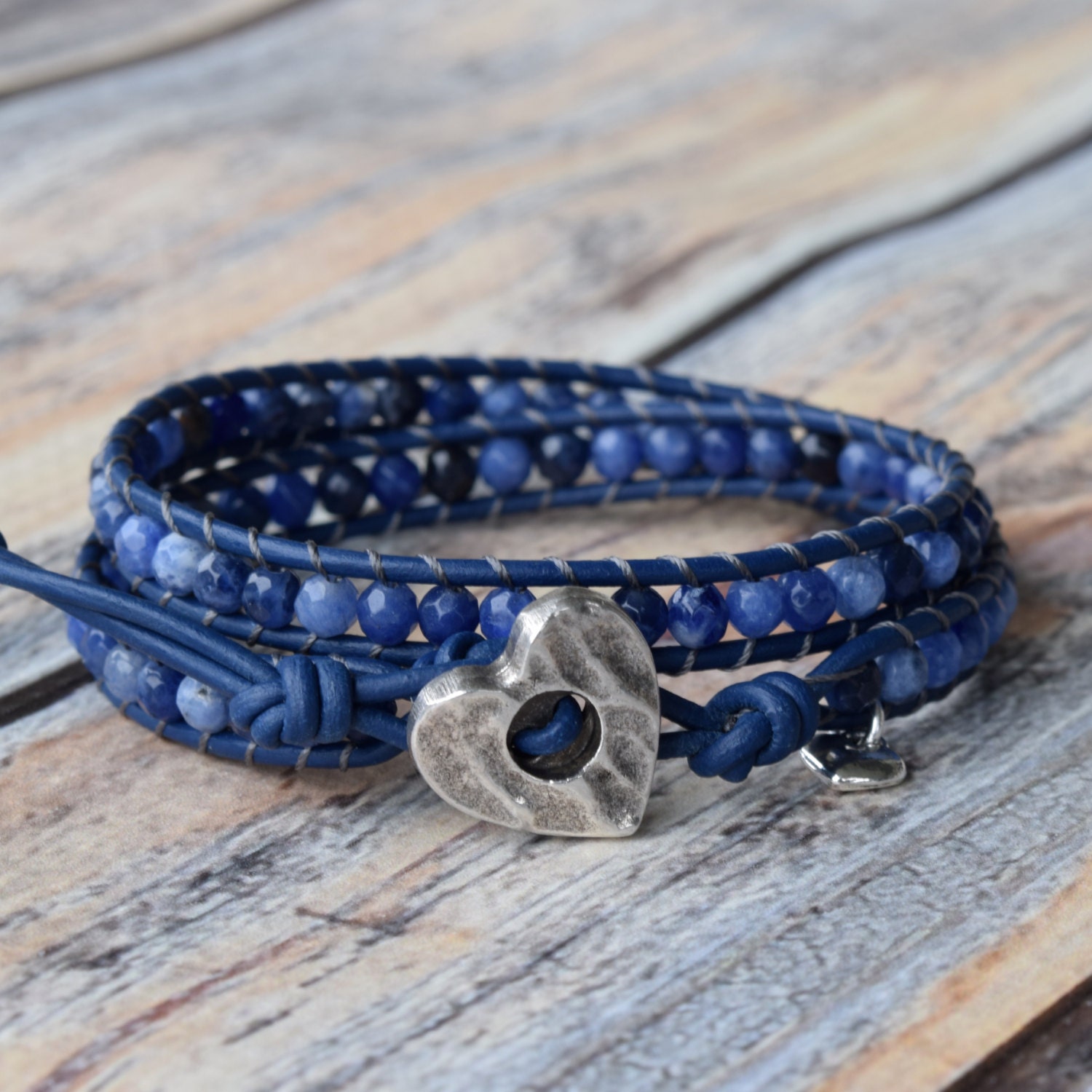 Wrap Bracelet, Sodalite Gemstones, Blue Wrap Bracelet, Beaded Gemstone Bracelet, Bracelet Wrap, Beaded Leather Wrap Bracelet