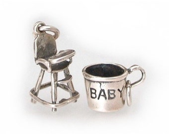 Sterling Baby Charms, Baby Highchair Charm, Sterling Baby Cup Charm, Christening Gift Baby Shower, New Mother, Vintage Charms, High Chair