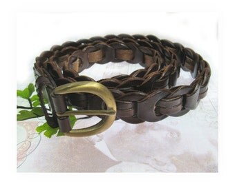 men's woven belt -brown leather belt - , men's dress belt - size up to 40 inches , # B 22