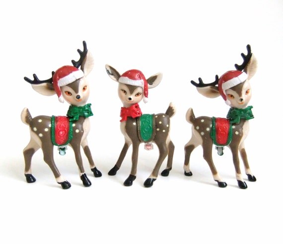 Christmas Deer Figurines, Plastic Deer, Vintage Reindeer Figurines, Red Green, Santa Hat Saddle Bow, Vintage Kitsch Christmas Decor