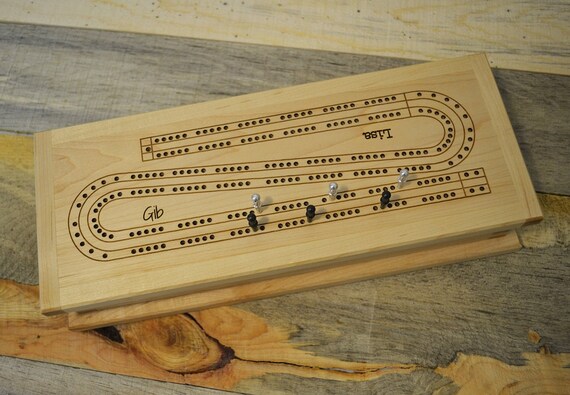 Cribbage Board and Box (handcrafted, two-track game with cards and pegs; can be personalized)