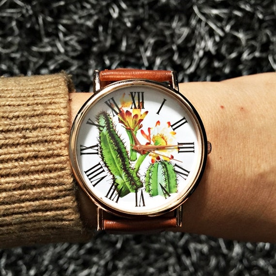 Cactus Plant Collection Watch , Cactus Jewelry , Vintage Style Leather Watch, Women Watches, Succulents , Men's watch, Cactus Print, Watches