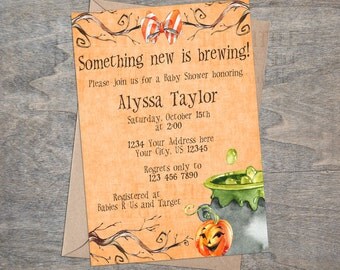 Halloween Baby Shower Invitation | Watercolor Pumpkin Witch Purple Cauldron Bubble Bow