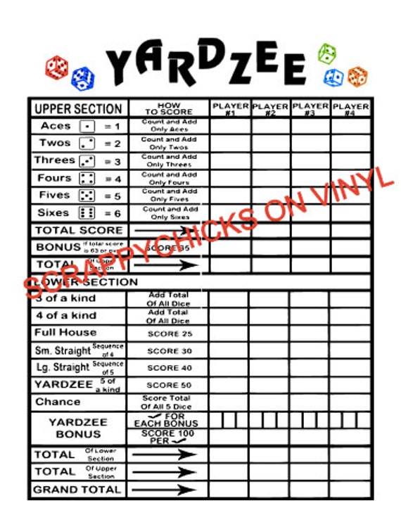 YARDZEE LAMINATED SCORECARD 8.5x 11 inch by Scrappychicksonvinyl