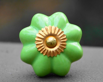 Cabinet knob/ceramic knob/dresser handle/door knob/green/melon/drawer pull/decorative/brass/furniture hardware/unique/bathroom/kitchen