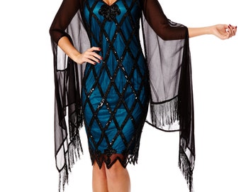 Abigail Black Fringe Shawl Cape Bolero Shrug with Beaded Armhole Vintage inspired 1920s Great Gatsby Flapper Art Deco Charleston Hand made