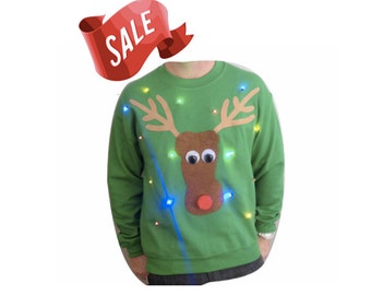 Ugly Christmas Sweater - Lights Up! - Reindeer - LED Lights - Light Up Christmas Sweater - SALE!! 10 OFF!! _____**Fast Shipping**_____