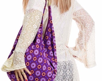 HIPPY BEACH BAG, boho sack bag, slouch shoulder bag, purple psychedelic festival handbag, hippie sac, cotton bohemian hobo bag