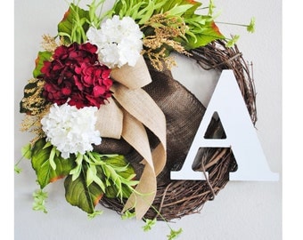 Burgundy & White Hydrangea Wreath. Burlap Wreath. Year Round Wreath. Spring Wreath. Summer Wreath. Monogram Wreath. Door Wreath