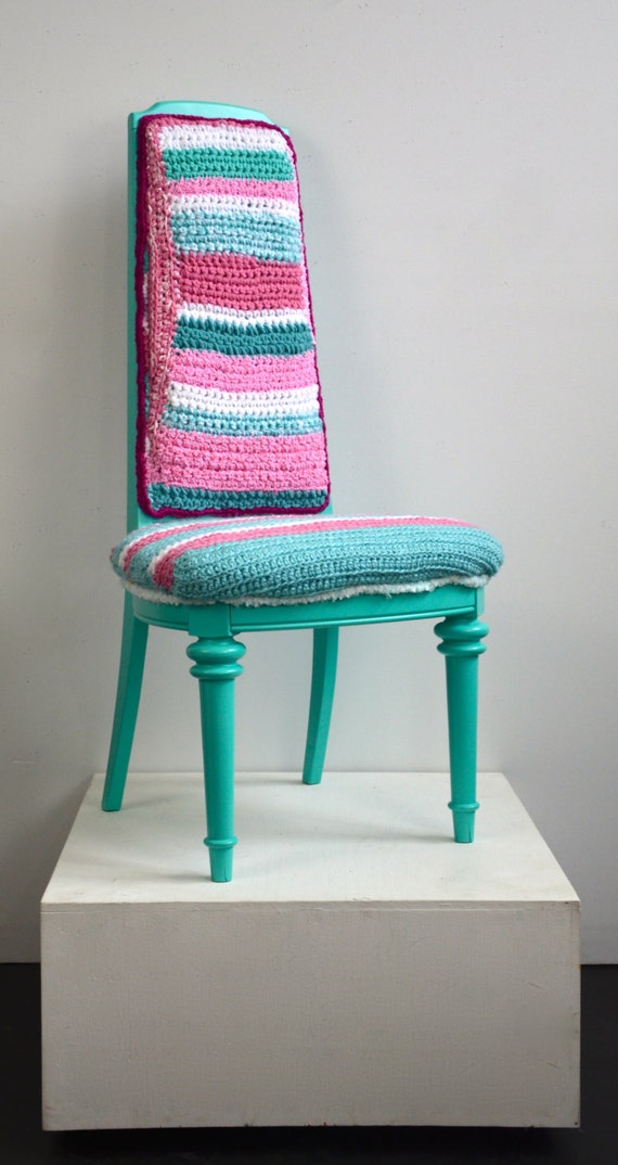 Teal Yarn Bombed Accent Chair Knit and Crocheted Home