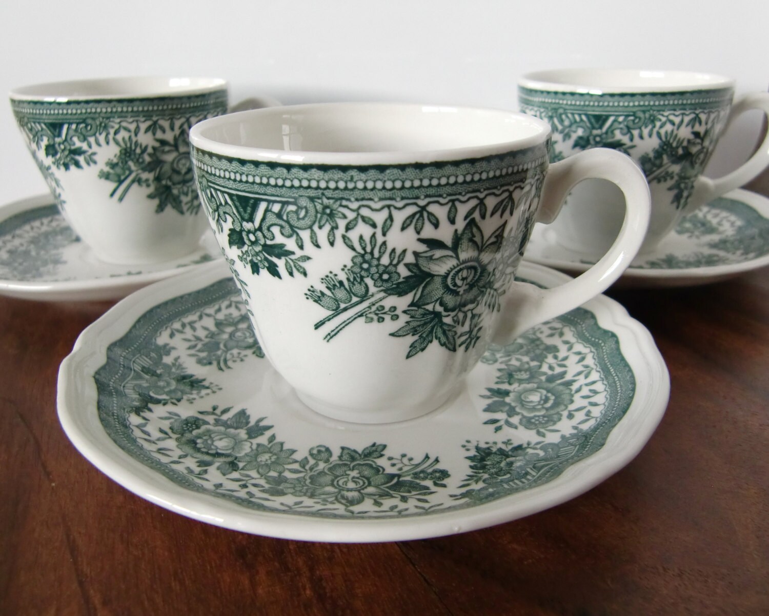 Vintage Green And White Porcelain Coffee Cups With Saucers