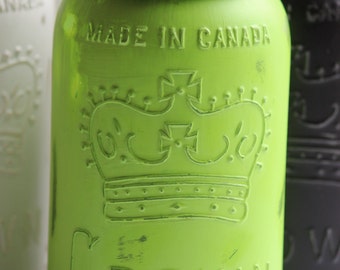 Hand painted and distressed vintage Canadian Crown mason jar with lid and date stamped 1931