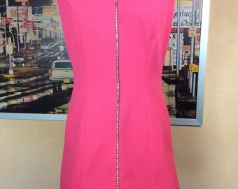 Hot Pink mini Dress 60's 70's go-go Fashion Mod Flirtly Fitted and Fun Rhinestones gives you just enough bling !