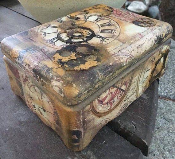 box steampunk decorative clock box, mixmedia box decoupage, box-gift for dad, save money box organizer, decoupage box furniture, Christmas by GritlyArtDecor steampunk buy now online