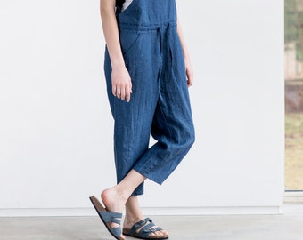 Loose Linen jumpsuit / Denim color washed linen jumpsuit/ Washed linen overall