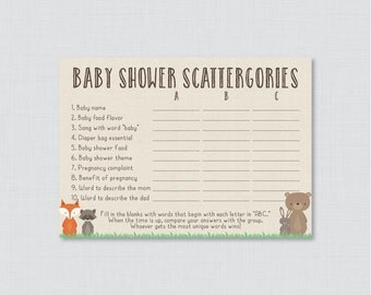 Woodland Baby Shower Scattergories Game - Printable Download - Woodland Baby Shower Game - Baby Scattergories ABC Game 0010