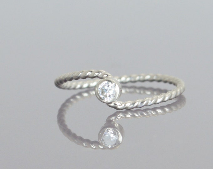Wave Ring, Silver Wave Ring, CZ Diamond Mothers Ring, April Birthstone Ring, Silver Twist Ring, Unique Mother's Ring, Diamond Ring, April