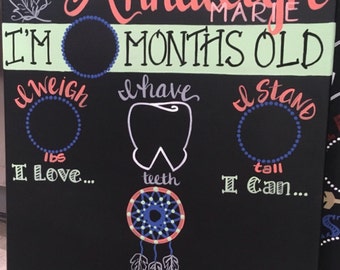 Custom hand painted Reusable Baby's monthly milestone chalkboard, month to month, baby's progress chart, month by month, monthly sticker
