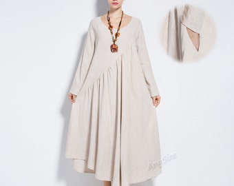 Anysize linen&cotton maxi dress with sides seam pockets plus size dress plus size clothing Y66