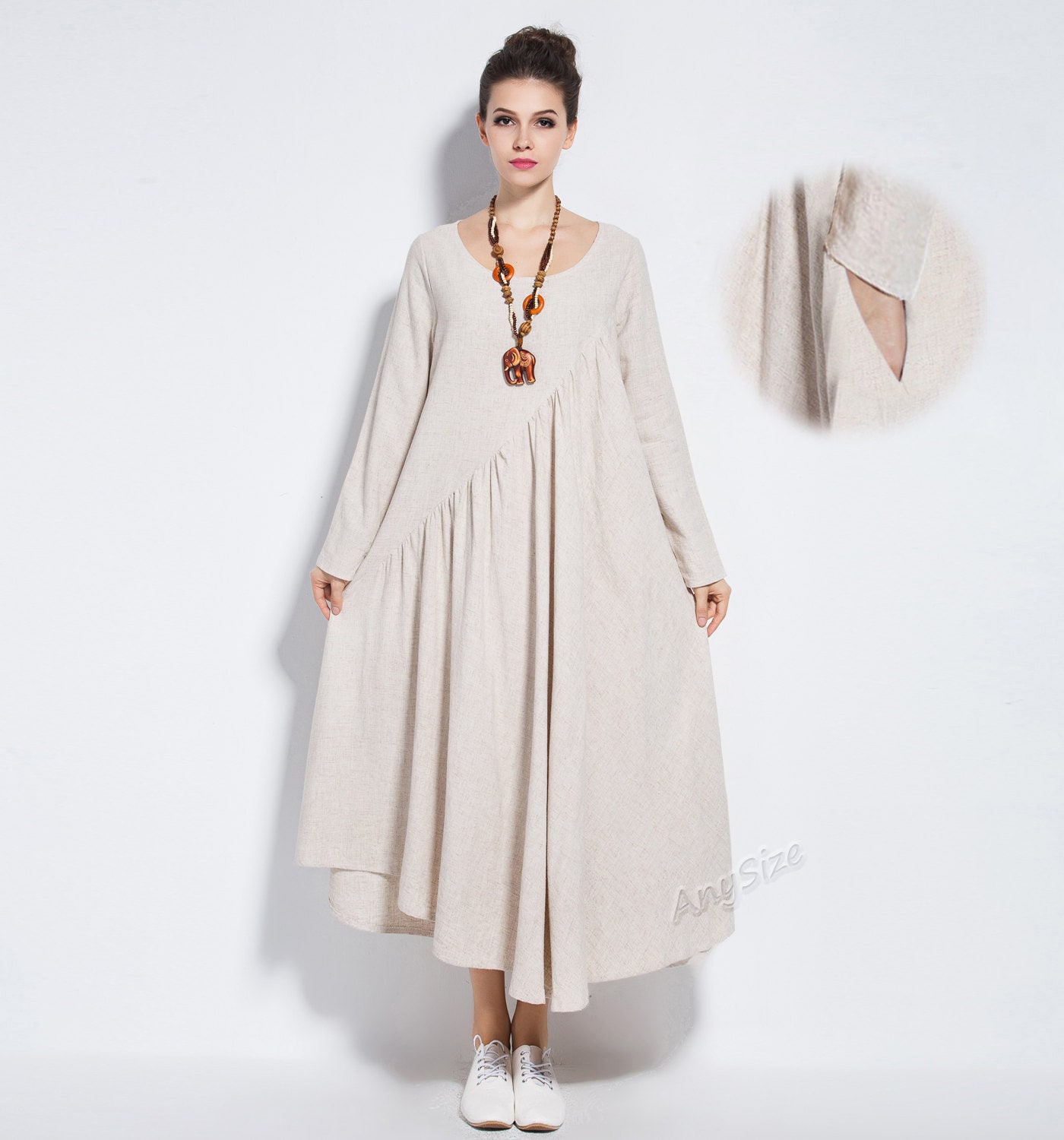 Anysize linen&cotton maxi dress with side seam pockets