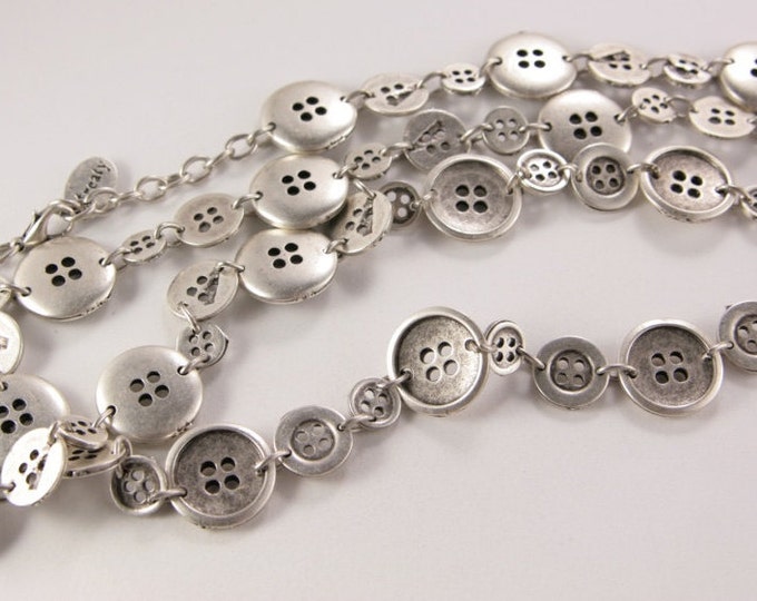 Birthday Gift For Her Button Bib Long Silver Necklace Chain Statement Necklace Silver Buttons Beads