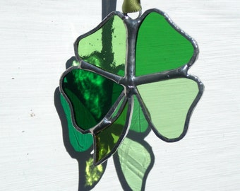 Stained Glass Four Leaf Clover,Shamrock,Sun Catcher.Hanging Window Art,Mixed Green Glass,All OOAK,St. Patrick,Irish,Lucky Charm,Talisman