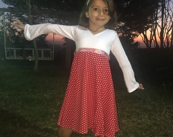 Red and white girls dress - long sleeve dress for girls - toddler girl birthday dress
