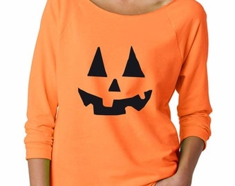 Pumpkin Sweatshirt. Jack-O-Lantern Shirt. Soft & Comfy, Lightweight, Terry, Raw Edge Boat Neck Sweatshirt with 3/4 length sleeves.