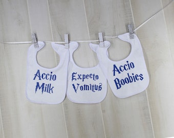 Harry Potter Baby Bibs - Accio Boobies Accio Milk Expecto Vomitus - Funny Bibs Funny Baby Shower Gift Royal Blue Bibs Custom Baby Bibs