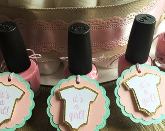 Set of 10 Light Pink Mint and Glitter Gold "It's a Girl" Baby Shower Favor Tags - Scalloped Circle Tags with Onesie - Nail Polish Gift Tags