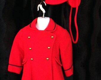 1980s Dress Coat, "Tailored by Rothschild", Red Wool, Navy Piping, Matching Hat