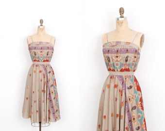 Vintage 1970s Dress / 70s Printed Bohemian Floral Sundress / Taupe (XS extra small)
