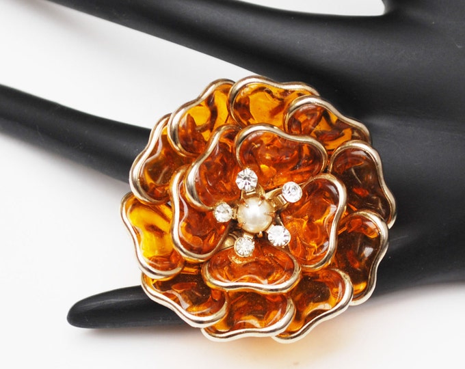 Flower Brooch - Amber Orange Lucite - Rhinestone - Pearl - Floral Pin - Mid Century